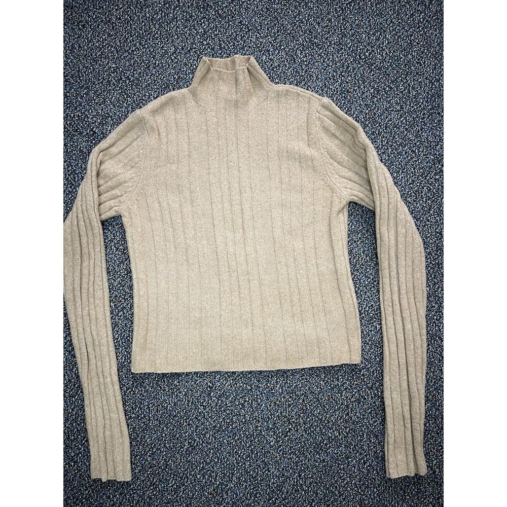 Calvin Klei Sweater Women Small  Waffle Knit Beige Oatmeal High Neck Alpaca Wool
